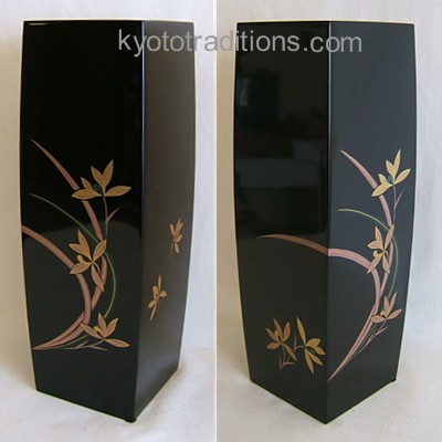 Lacquered Wood Japanese Vase, Orchids